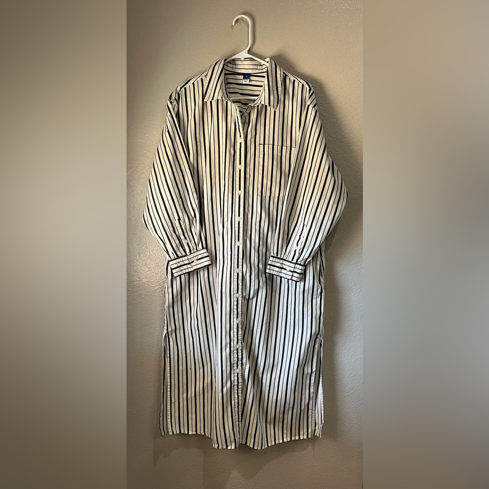 Old Navy Women’s Black Cream Striped Shirt Midi Dress Sz XL Casual Summer Chic - Picture 4 of 8